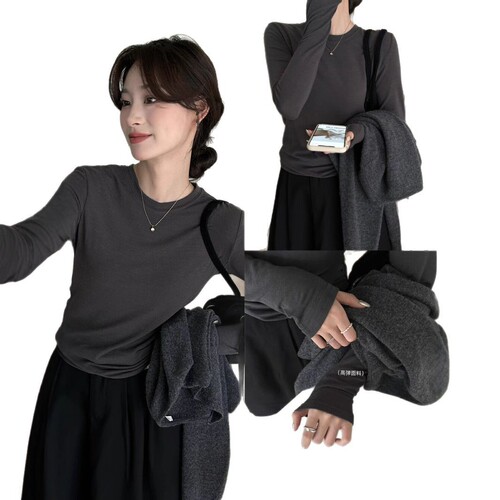 高弹软糯灰色圆领长袖正肩打底衫女秋冬季设计感内搭打底T恤上衣