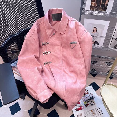 American Retro Metal Button Pink Leather Jacket Women Spring and Autumn Season Loose Motorcyclist Workwear Jacket Top Trendy