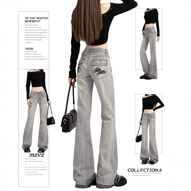 Overseas Cross-Border American-Style Smoky Gray Embroidered Flared Jeans for Women, Non-Stretch Workwear, Low-Rise Raw Hem Bell-Bottom Pants