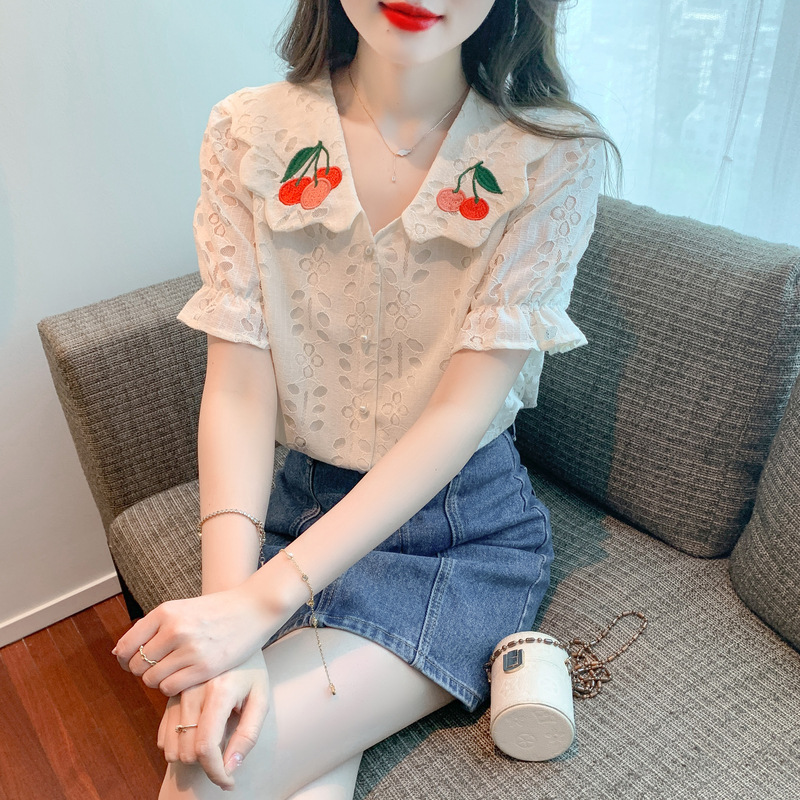 Real shot chiffon shirt for women 2024 New French chic embroidered cherry lace top long sleeve bottoming shirt