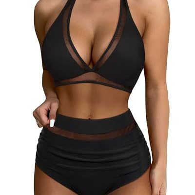 Set de Bikini de Talle Alto con Malla Set de 2 Piezas de Nylon Alta Elasticidad con Almohadilla sin Aros para Natación
