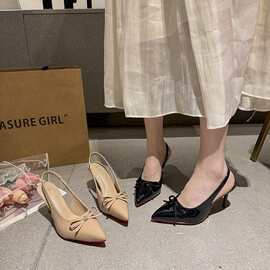 高跟鞋女2025秋季新款蝴蝶结黑色包头后空法式尖头细跟气质高跟鞋