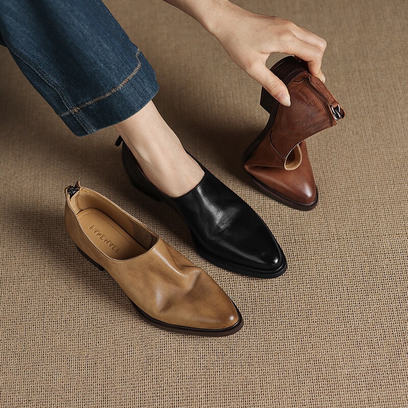 2026 Autumn/Winter New Deep-Cut Pointed-Toe Chunky Heel High-Heeled Cowhide Leather Women's Shoes with Back Zipper, Cross-Border Dropshipping 2026 Autumn/Winter New Deep-Cut Pointed-Toe Chunky Heel High-Heeled Cowhide Leather Women's Shoes with Back Zipper, Cross-Border Dropshipping