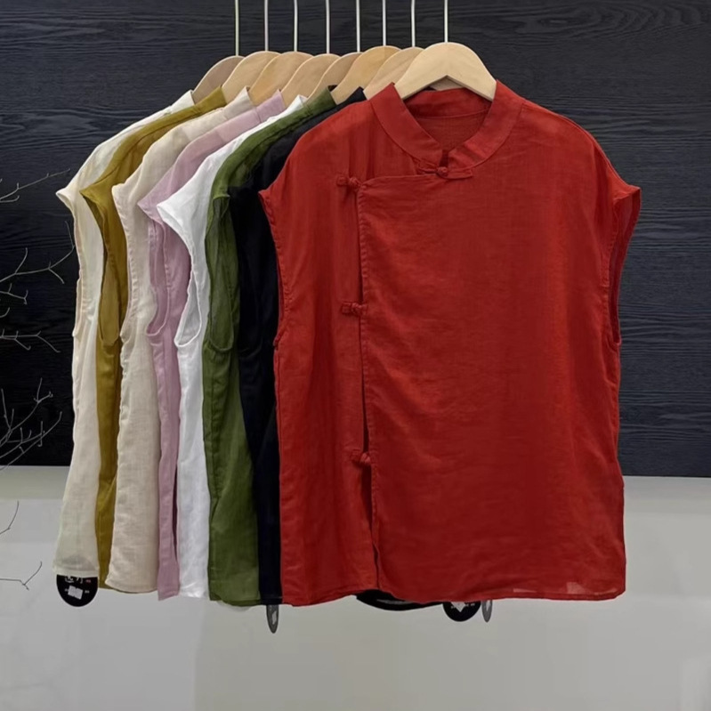 Ramie Button Vest Shirt Top Summer New Style Literary Retro Fashion Versatile Solid Color Simple Vest Top