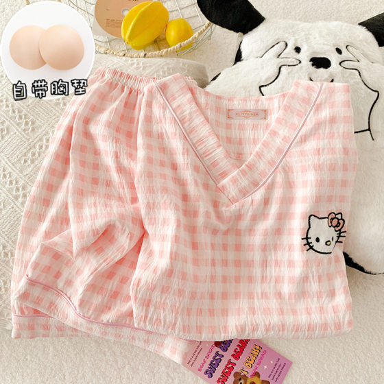 Soft Waxy Clouds Cotton Pajamas Women's Spring and Summer Japanese Style Cartoon Short Sleeve Shorts with Chest Pad Outwear Sweet Home Clothes