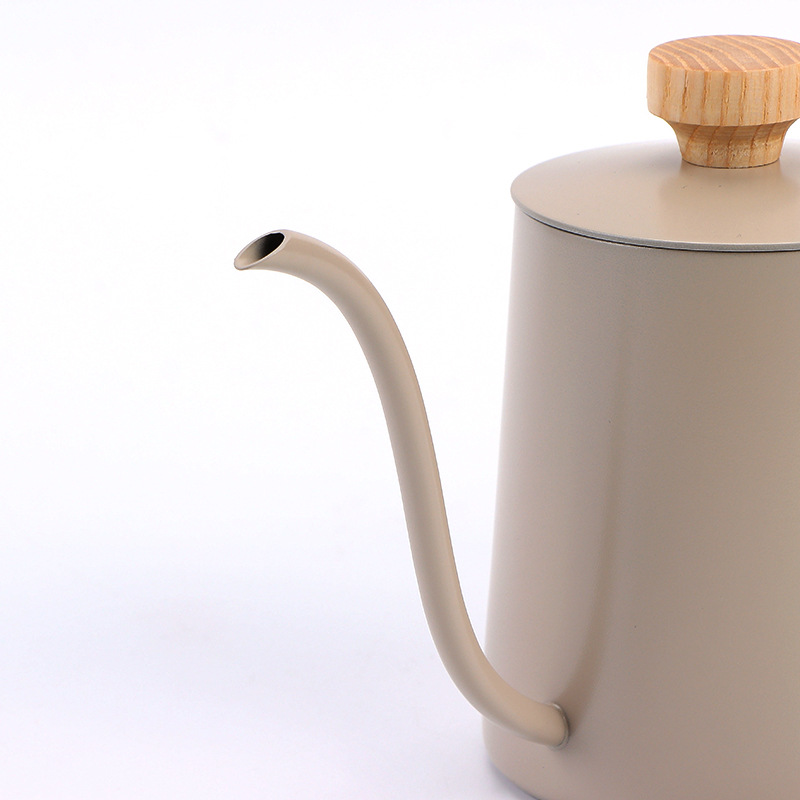 Hogar de acero inoxidable café mano olla estilo occidental boca delgada boca larga mango de madera con tapa tetera de leche colgando tetera de goteo del oído