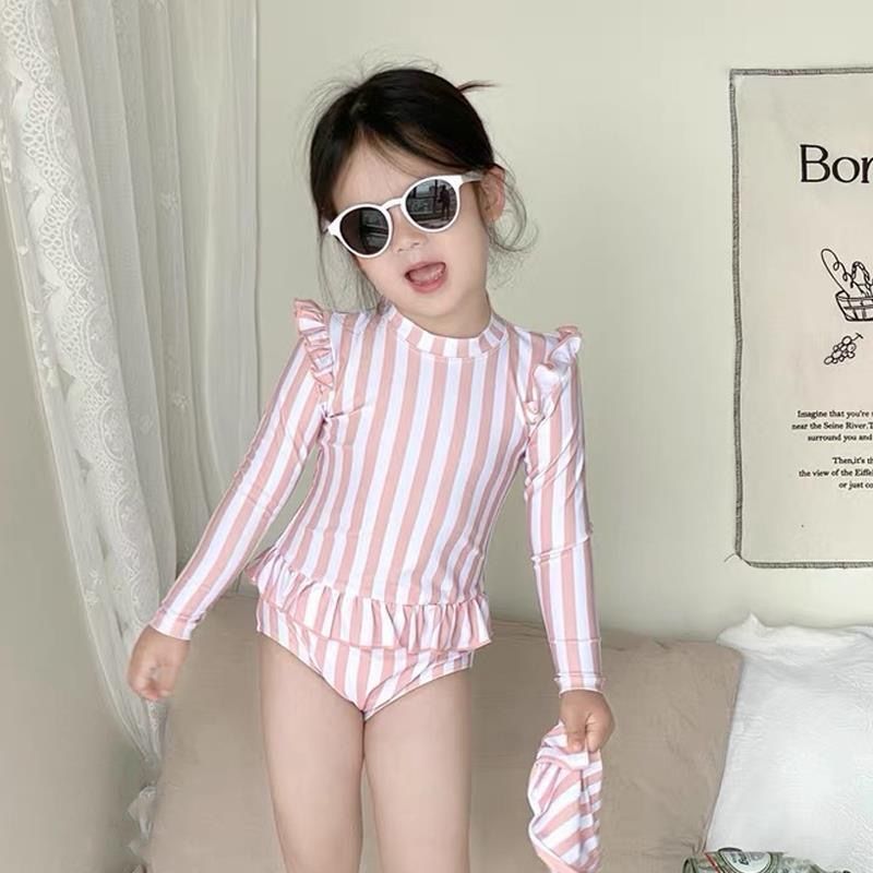 Ins Girls New Kidsren's Baby One-Piece Long-Sleeved Swimsuit Cute Sun Protection 2025 Princess Swimsuit Swimming
