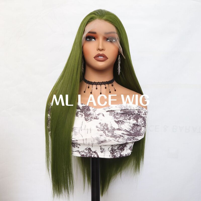 Factory Export to Europe and America: Women's High-Temperature Synthetic Lace Wig in Olive Green, Heat-Resistant Wig Cap