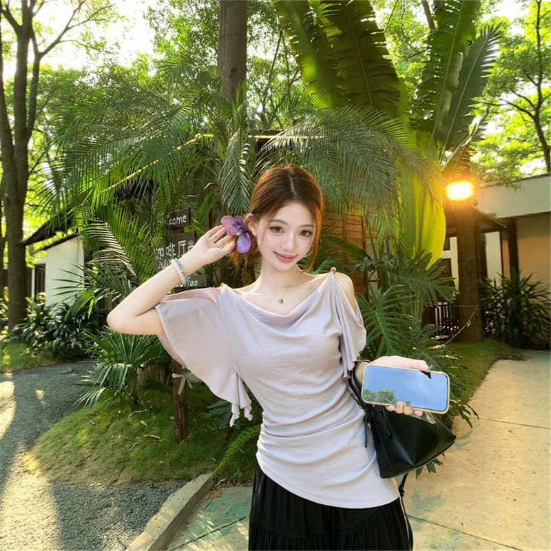Two-Way Wear Design Ruffled Short-Sleeve T-Shirt for Women, 2026 Summer New Style, Irregular Pleated Waist-Cinching Slimming Top