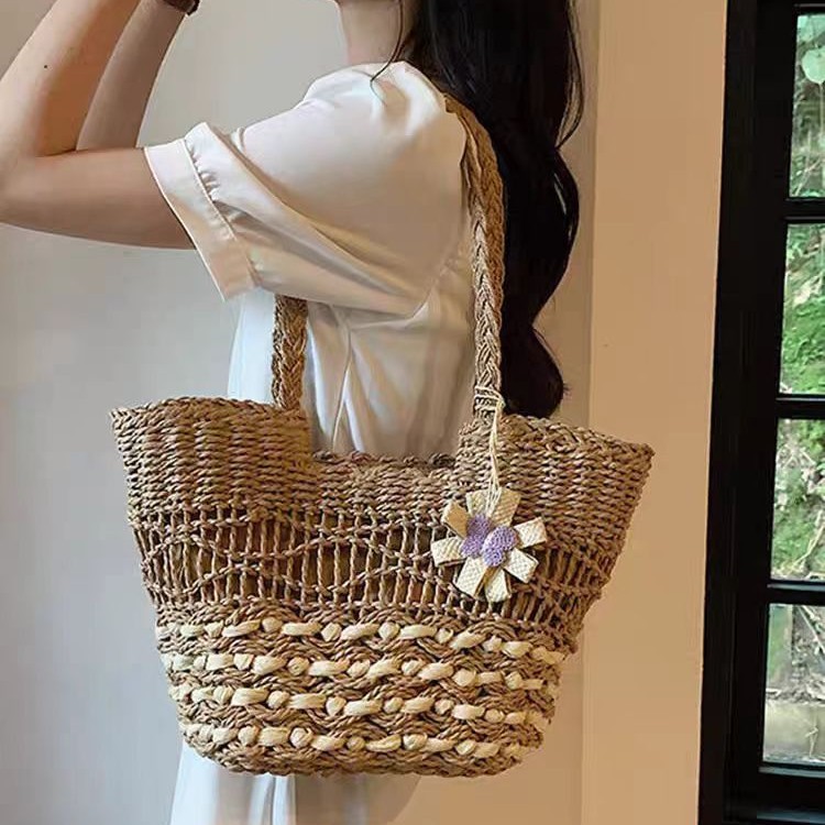 Large Capacity Straw Woven Bag For Women 2025 Summer New Beach Vacation Tote Shoulder Handbag - Thumbnail 3