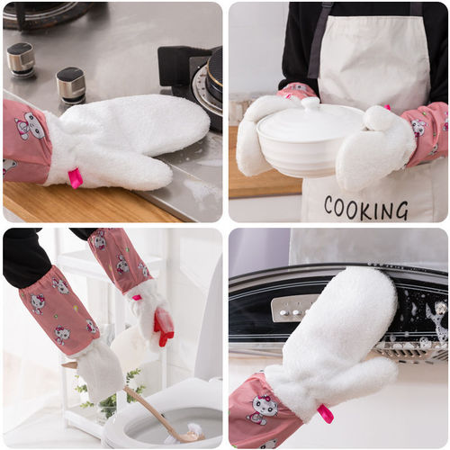 Household kitchen cleaning rag double-sided bamboo fiber dishwashing gloves extra long waterproof non-stick household gloves