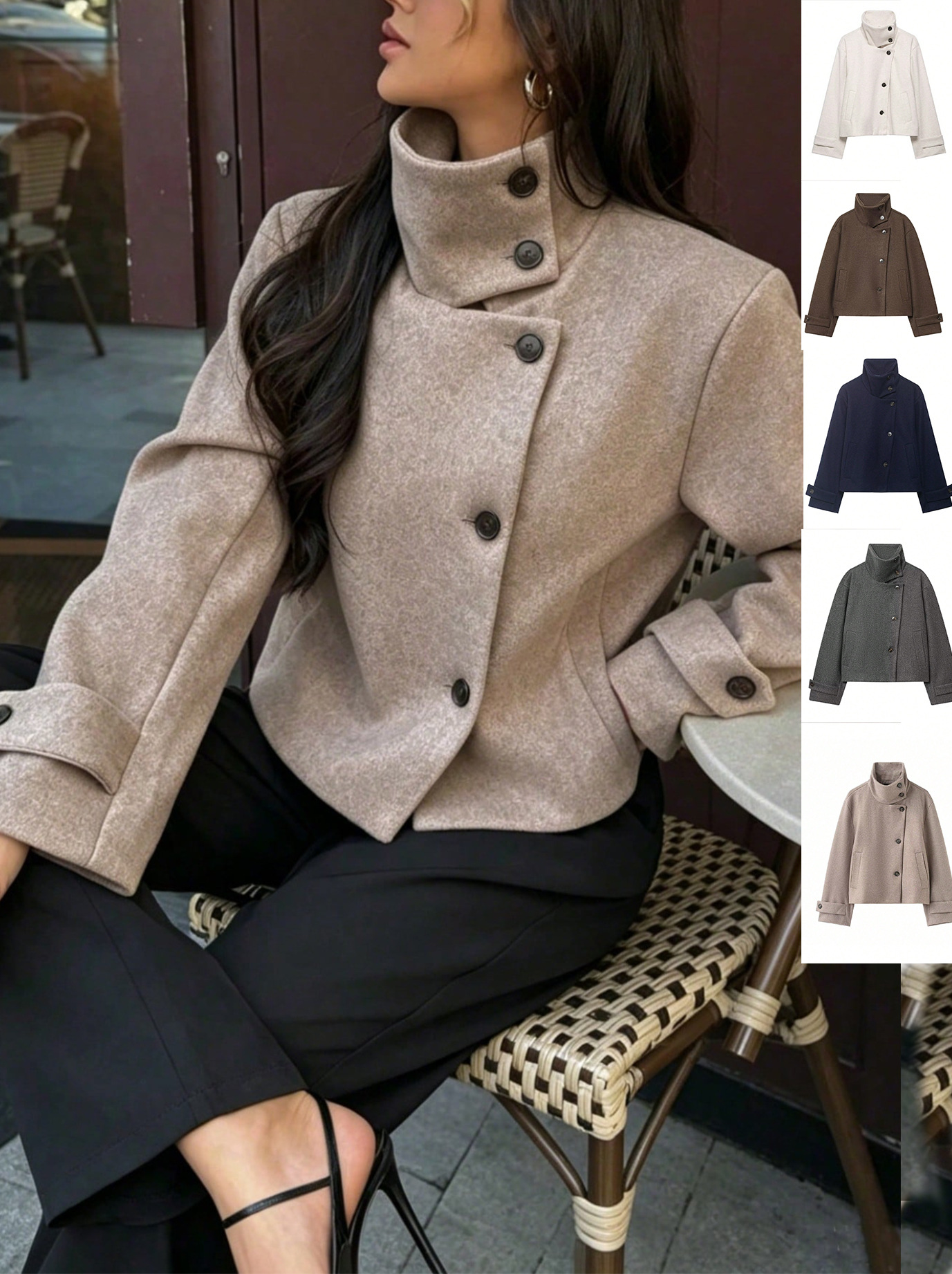 Qadın dik yaxalı qısa jaket, payız-qış üçün retro tək rəng