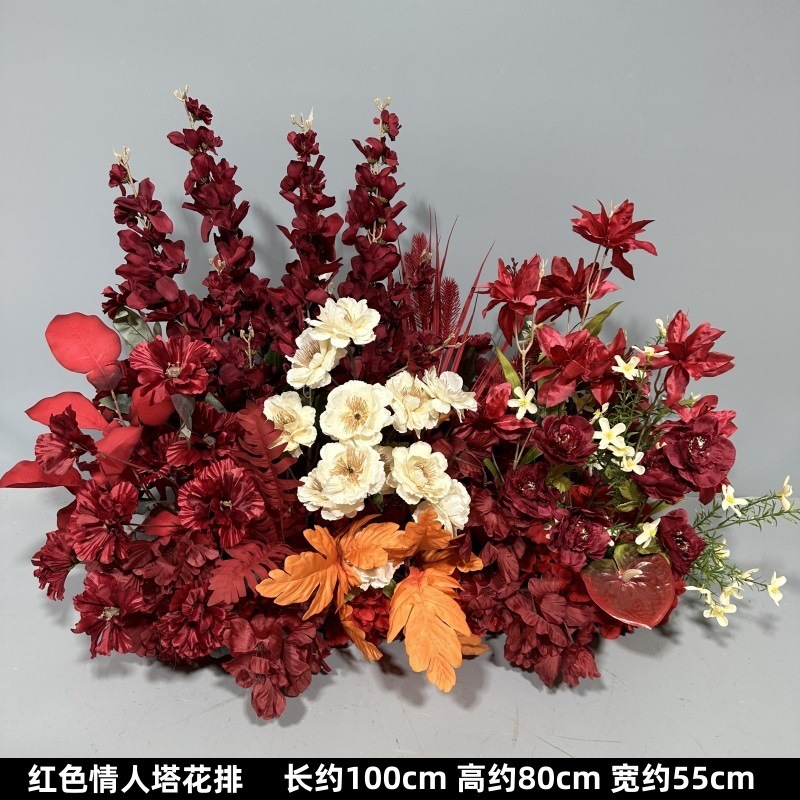 Flor de la boda de la flor Chiyeya rosa roja fila de orquídeas fila de flores bosque escena de compromiso decoración de la boda fondo de decoración