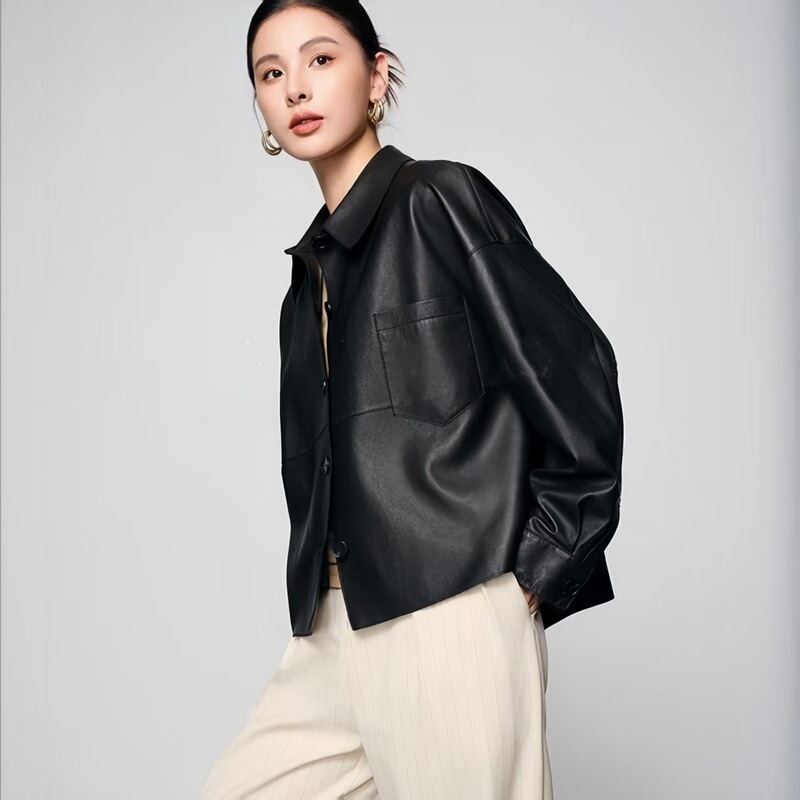 Genuine Leather Jacket for Women 2026 Autumn and Winter New Casual Loose Shirt Top Sheepskin Lapel Slimming Jacket
