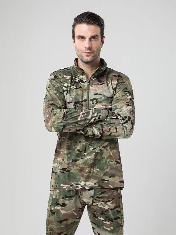 Hombre secado rápido camuflaje táctico calentamiento conjunto de ropa interior grueso pelusa al aire libre deportivo de collar cremallera a prueba de viento