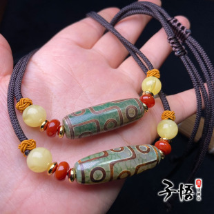 Original Jewelry Xizang Old Agate Nine-Eye Dzi Bead Clavicle Chain Dragon Scale Pattern Green Dzi Bead Lanyard Necklace
