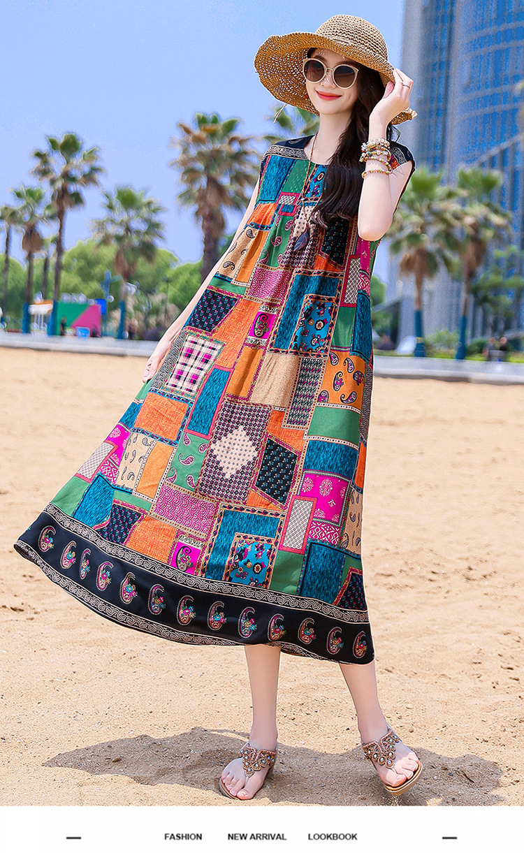 2025 New Cross-Border Plus Size Bohemian Beach Long Cotton Floral Women's Summer Dress_ecoleips.com