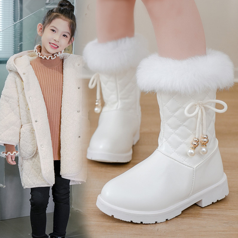 Children's Boots Autumn/Winter 2024 New Rabbit Fur Girls Snow Boots for Big Kids Warm Princess Leather Mid-Calf Boots