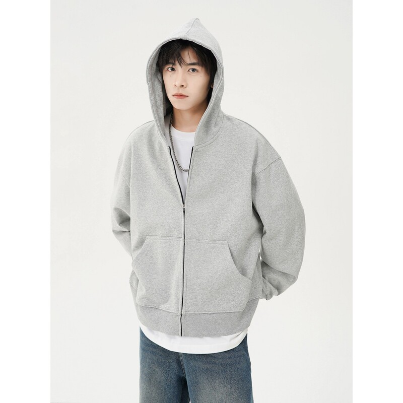 American Gray Hooded Sweatshirt Jacket for Boys Trendy Brand Heavy Casual Boxy Short Loose Zipper Versatile Cardigan