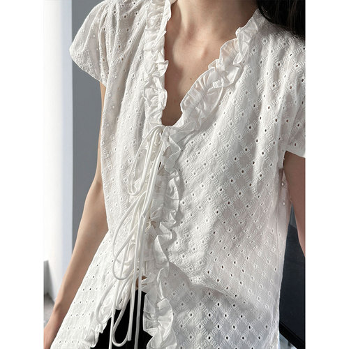 Lushi French Sweet Ruffled V-neck Short-sleeved Women's Summer New Lace Embroidery Tie-up Shirt Blouse 0842 