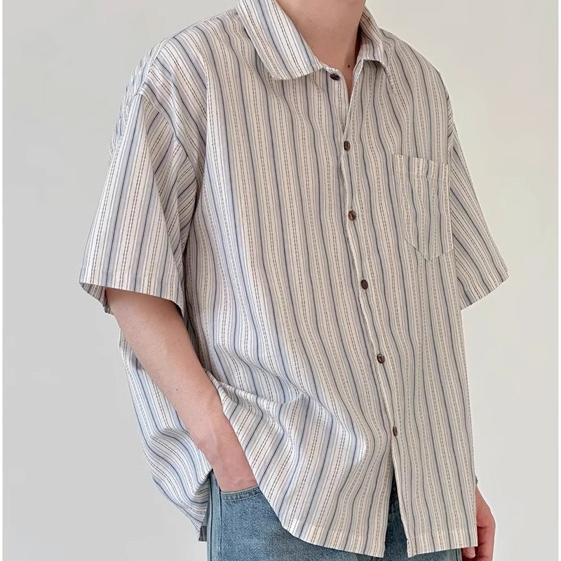 Striped Shirt Men's Short-sleeved Summer New Japanese Style Retro Trendy Brand Design Top Couple Shirt Coat Thin Striped Shirt Men's Short-sleeved Summer New Japanese Style Retro Trendy Brand Design Top Couple Shirt Coat Thin