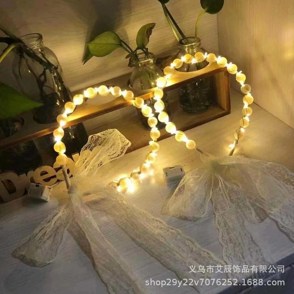 Ободок жемчужный с LED-подсветкой, кружевные ленты, мигающие огни, 0,03 кг