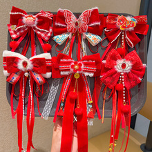 儿童大号红色蝴蝶结头饰小女孩后脑勺发卡女童飘带发夹子新年发饰