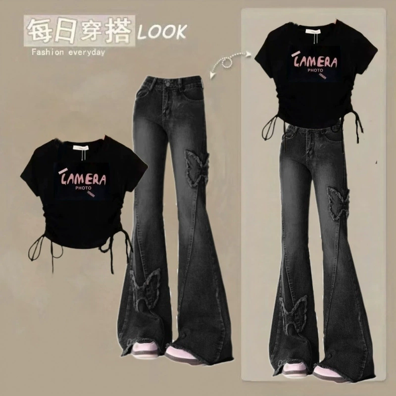 Летний сладкий и крутой комплект для девочек, летний универсальный комплект из двух предметов в корейском стиле для больших детей с короткими рукавами и завязками в виде бабочки.