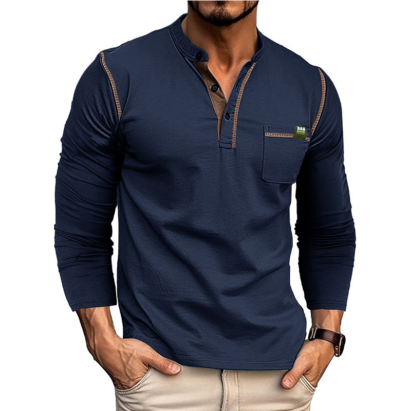 2025 Spring and Summer Cross-Border European and American Men's Long-Sleeved T-Shirts Export Men's Henley Shirts Amazon Color Matching T-Shirt Tops