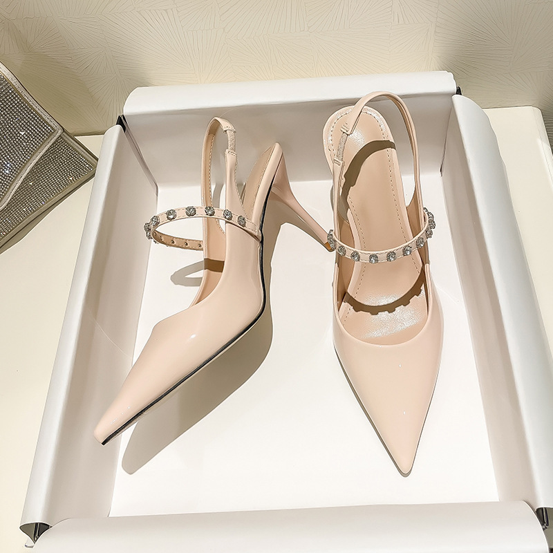 Miu Pointed Toe Rhinestone Sandals for Women 2024 New Summer Nude Stiletto Patent Leather French Fairy Style High Heels Flats Miu Pointed Toe Rhinestone Sandals for Women 2024 New Summer Nude Stiletto Patent Leather French Fairy Style High Heels Flats