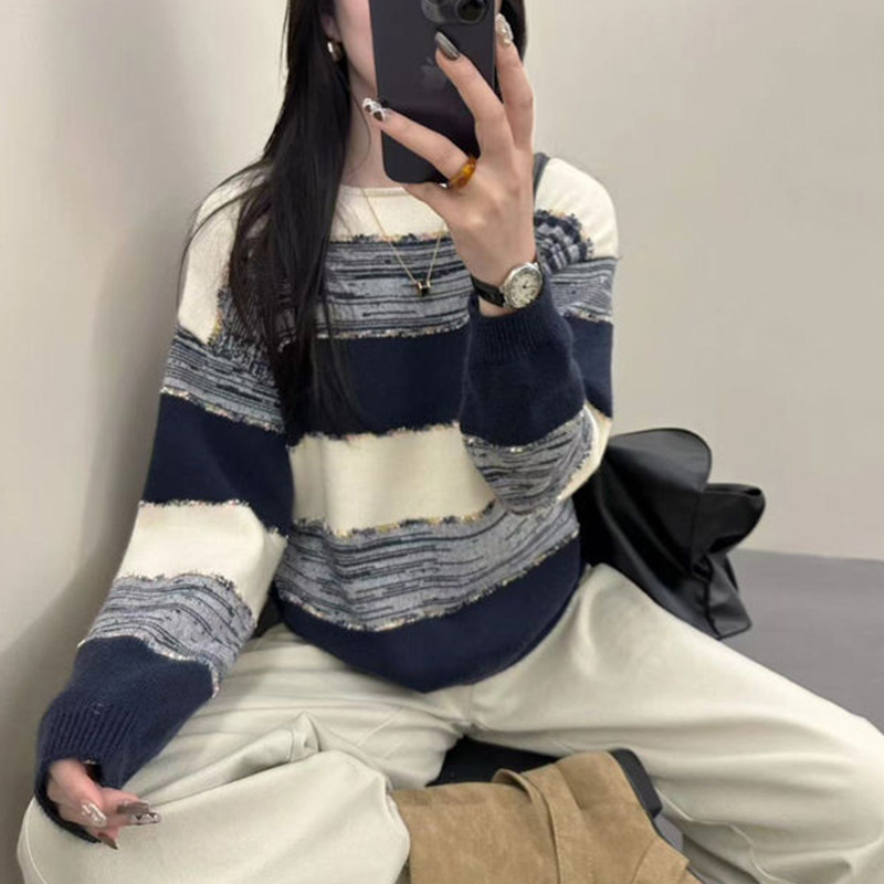 撞色条纹针织衫女宽松外穿2025秋冬新款慵懒洋气圆领长袖打底毛衣|undefined
