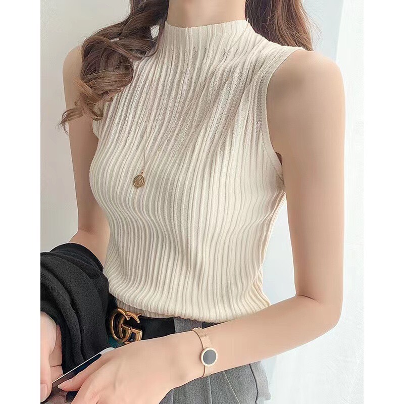 Half-High Collar White Sleeveless Knitted Vest for Women, Suitable for Pairing with a Tailored Suit, Slim-Fit Sleeveless Top, Versatile Spring Base Layer