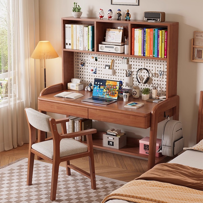 Solid Wood Desk Student Home Bookshelf Integrated Computer Desk Bedroom Writing Desk Hole Board Children's Study Table