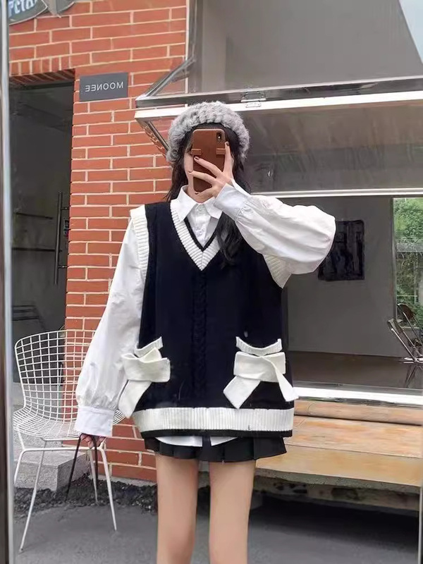 学院風蝶結びvネック麻花ニットベスト女性セーター馬甲日本式長袖シャツセット|undefined