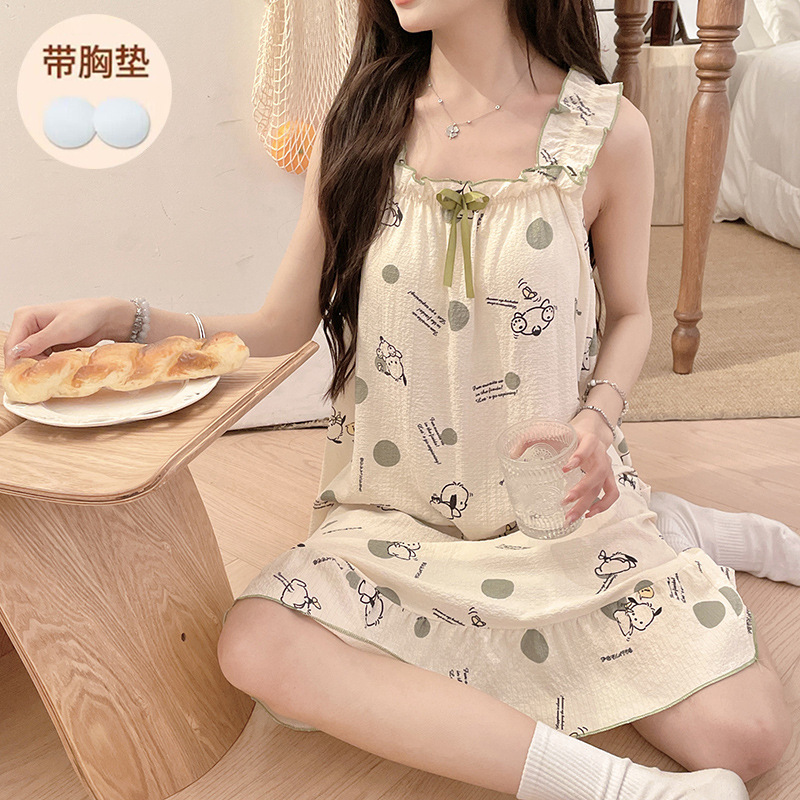 2024 pijama de verano burbuja arrugado ancho cinturón pijama para mujeres cojín de pecho fresco in viento estudiante ropa de hogar