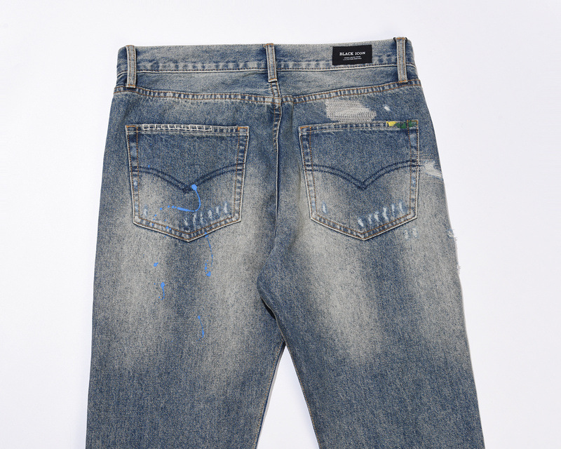 Vêtements pour hommes délavés, vieux, endommagés, trous, moustaches de chat, broderie, imprimé, éclaboussures d'encre, micro, évasé, jambe large, jeans_voghion.com
