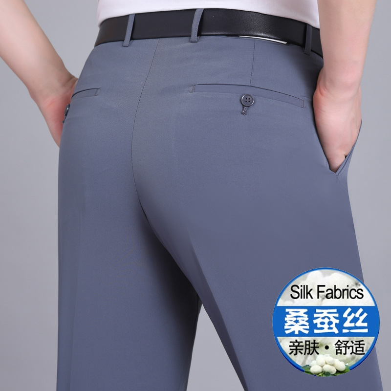 Pantalones finos de seda de morera para hombres de primavera y verano para hombres, pantalones rectos de mediana edad de cintura alta sin planchar para hombres de mediana edad y ancianos image 21