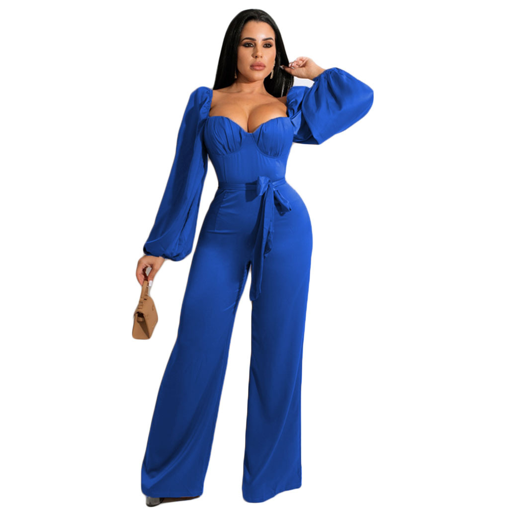 Pleated Solid Color Long Sleeve Lace-Up Wide-Leg Jumpsuit NSGCX112968