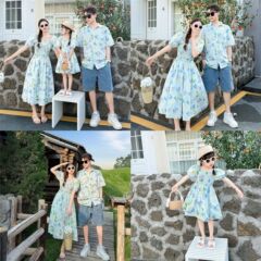 現物のフランス式の女性服のワンピースの夏の新型の家族三人の親子服のリゾート風の花のシャツの花のスカート