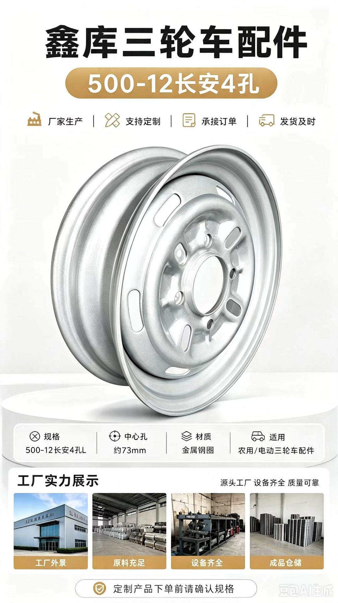 500-12 Changan 4-Hole Tricycle Steel Rim Thickened Wheel Rim Gasoline Electric Motorcycle Parts Wholesale