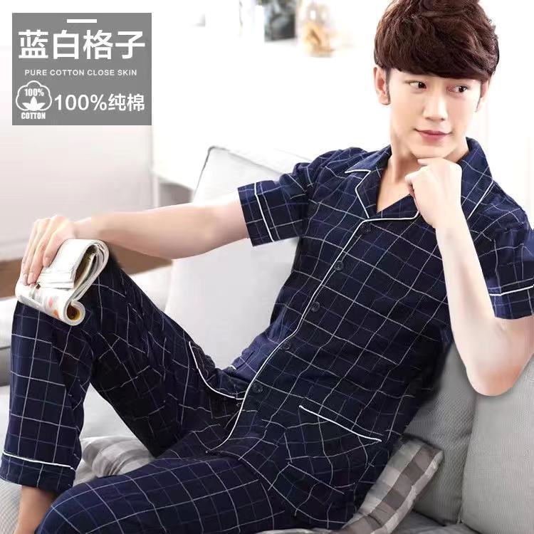 Verano de los hombres 100% pijamas de algodón pantalones delgados de manga corta cardigan conjunto de tres piezas se puede usar fuera de casa desgaste