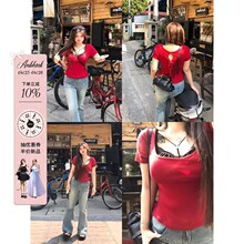 安妮不火 暗礁玫瑰小众设计感针织T恤女微胖大码后背蝴蝶结短上衣