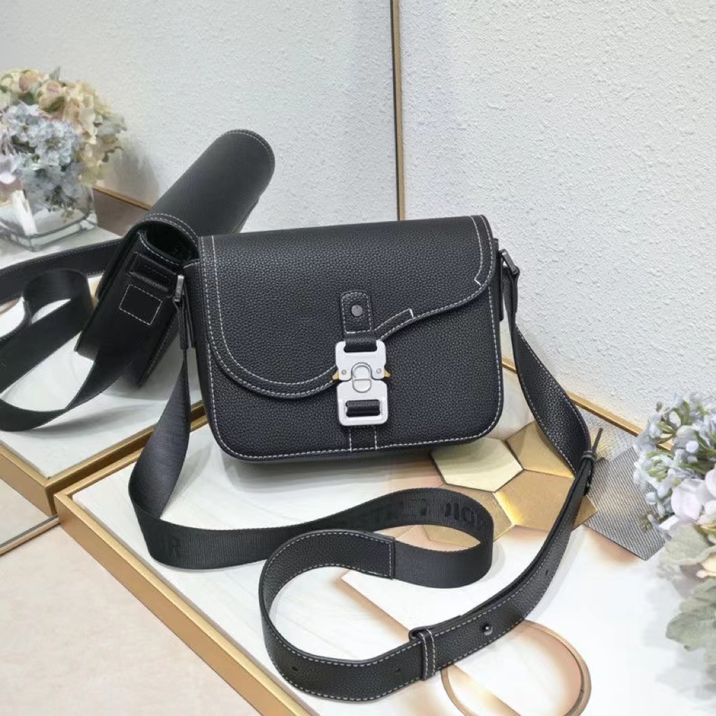 Dior Saddle Messenger Bag with Flap Black Grained Calfskin