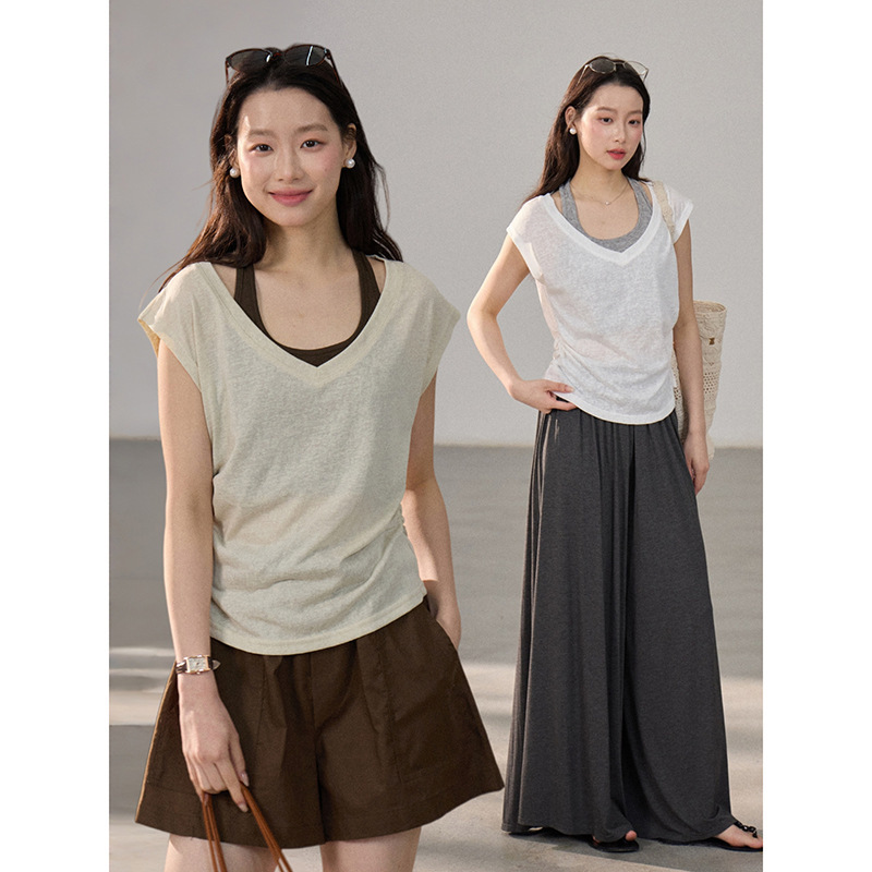Lyocell One-Piece Faux Two-Piece Goming Guangzhou Thirteen Lines Halter Neck Faux Two-Piece T-Shirt Top for Women An286