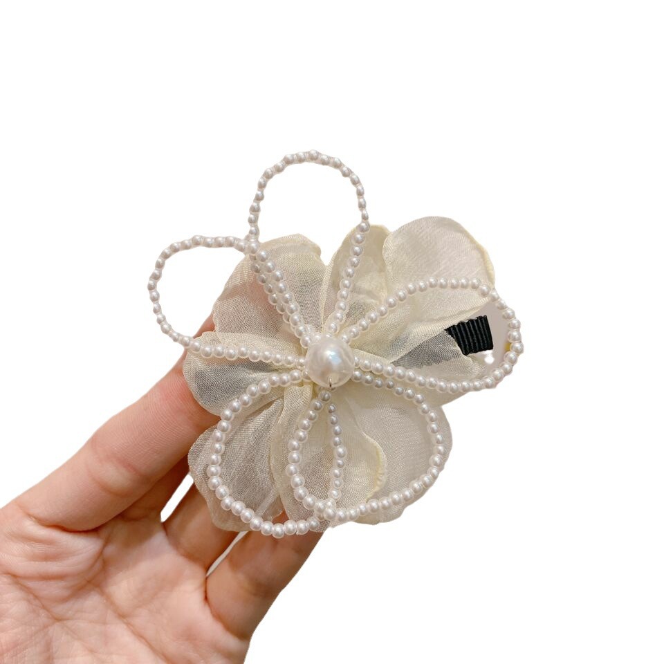 2024 Coréen nouvelle fleur en maille douce épingle à cheveux douce, accessoire de cheveux en perles, coiffe, pince à bec de canard, pince latérale_voghion.com