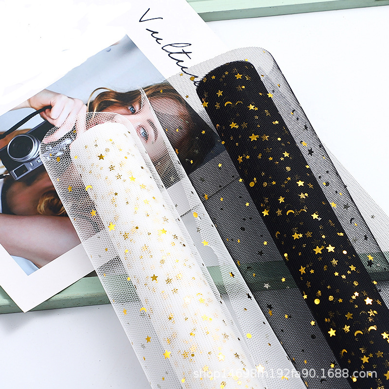 烫金星月网纱满天星星空纱花店花束包装材料批发七夕鲜花包装厂家