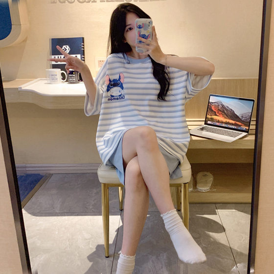 Pajamas Women's Summer Cotton Short-sleeved Shorts Striped suit Summer Cute Cartoon Loose Women's Outwear Home Clothes