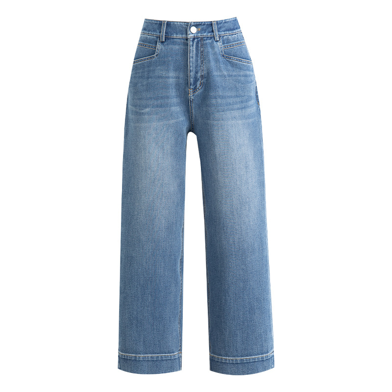 Quần tây nữ ống đứng cạp cao co giãn vải Lyocell denim dáng suông — xanh lam