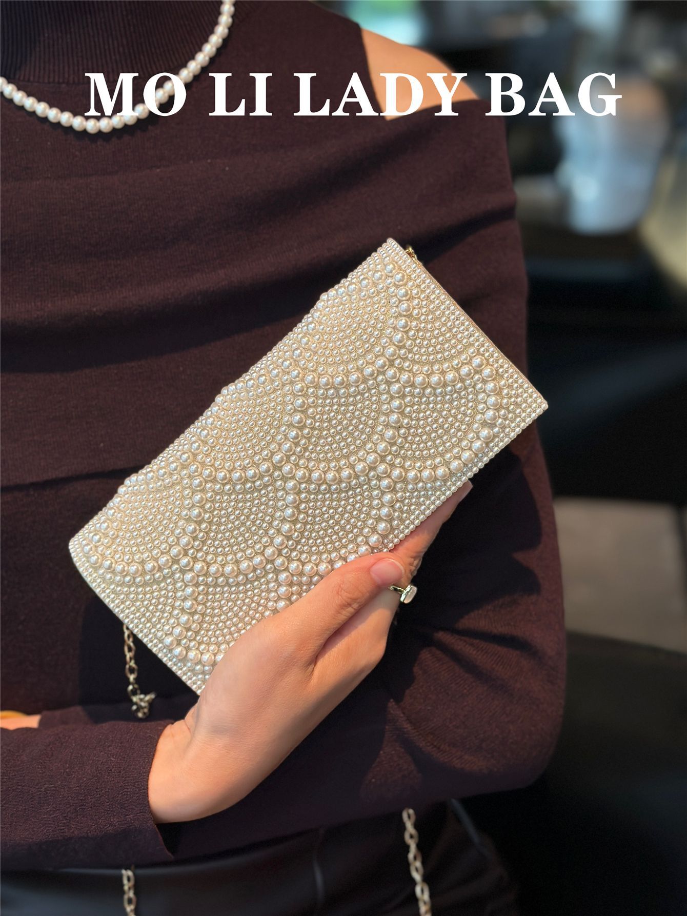 Bolso de Mano de Noche con Perlas, Poliéster, Decoración de Perlas y Cadena, para Fiesta de Noche y Bodas image 4