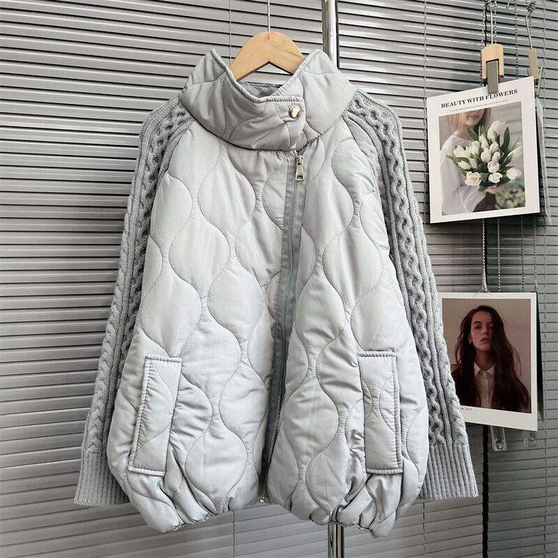 Stand Collar Splicing Sweater Cardigan Women's Autumn and Winter 2022 New Large Size Loose Design Diagonal Zipper Jacket Top Trendy